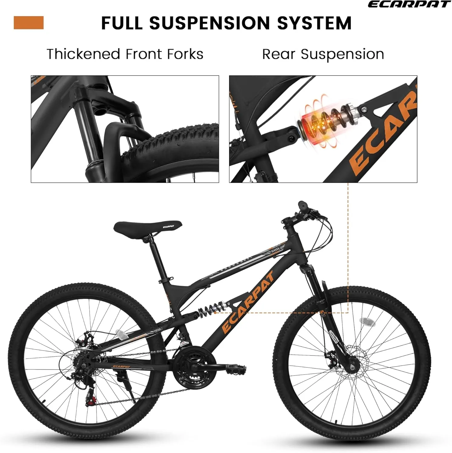 24/26/27.5 Inch Mountain Bike, Dual Full Suspension 21 Speed Womens Mens Mountain Bikes, Commuter Bike with Carbon Steel Frame and Dual Disc Brakes