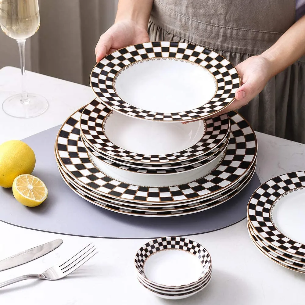 Checker Pattern 20-pieceDinnerware Set for 4, Bone China