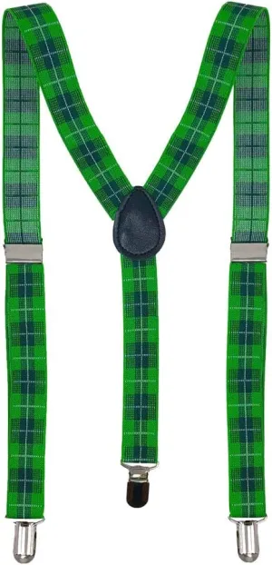 Green Plaid Print Suspenders - Adjustable Straight Metal Clip Accessory with Elastic Bands