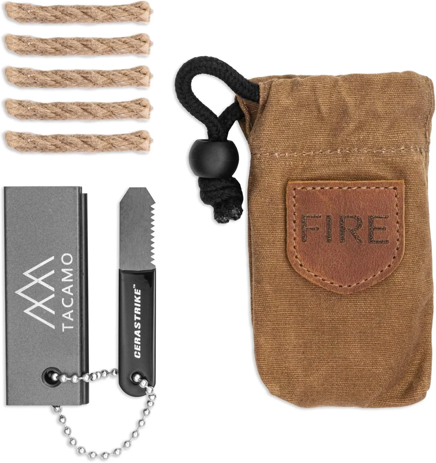 Mini Emergency Fire Starter Kit 4.5 x 2.5 x 1, 2.5oz - Compact All-Weather Survival Fire Making Kit with Ferro Rod, Cerastrike Ceramic Scraper, Tinder Tabs & Canvas Storage Bag