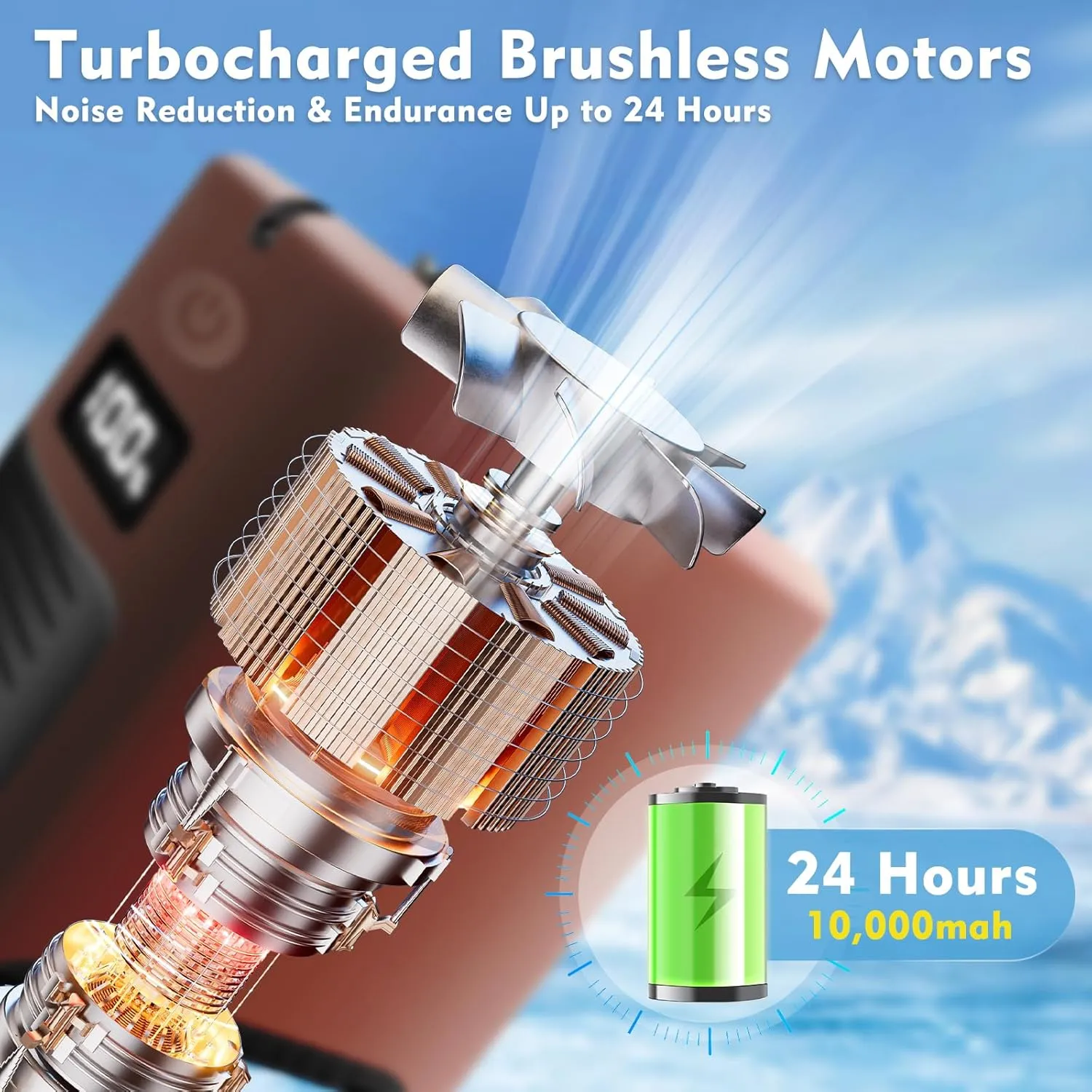 Portable Fan Wearable Personal Fan with 5 Speed Max 55 Working Hours Low Noise Turbo Fans Cooling Waist Fans for Outdoor and Camping LED Light Power Display 10000mAh Power Bank(Brown)
