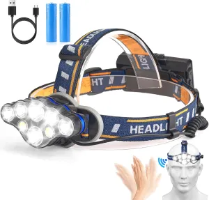 Rechargeable Headlamp,18000 Lumen Bright 8 Led Head Lamp, 16 Modes Adjustable Motion Sensor Headlight with Red Light, Waterproof Head Flashlight for Outdoor Hiking Camping Blue