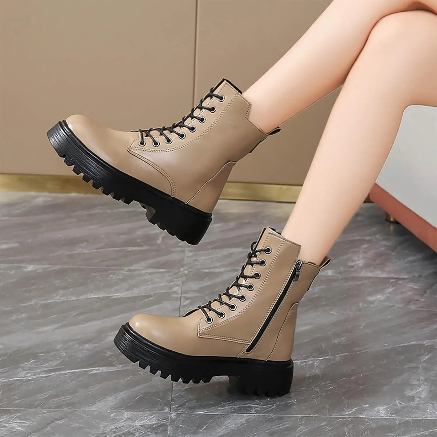 Women's Combat Boots Lug Sole Fashion Ankle Booties Military Motorcycle Riding Platform Boots Side Zipper Lace-up Shoe