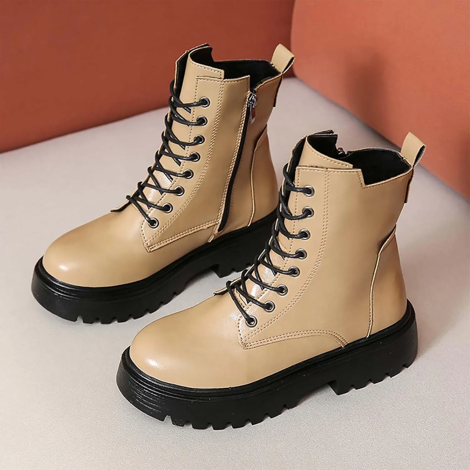 Women's Combat Boots Lug Sole Fashion Ankle Booties Military Motorcycle Riding Platform Boots Side Zipper Lace-up Shoe
