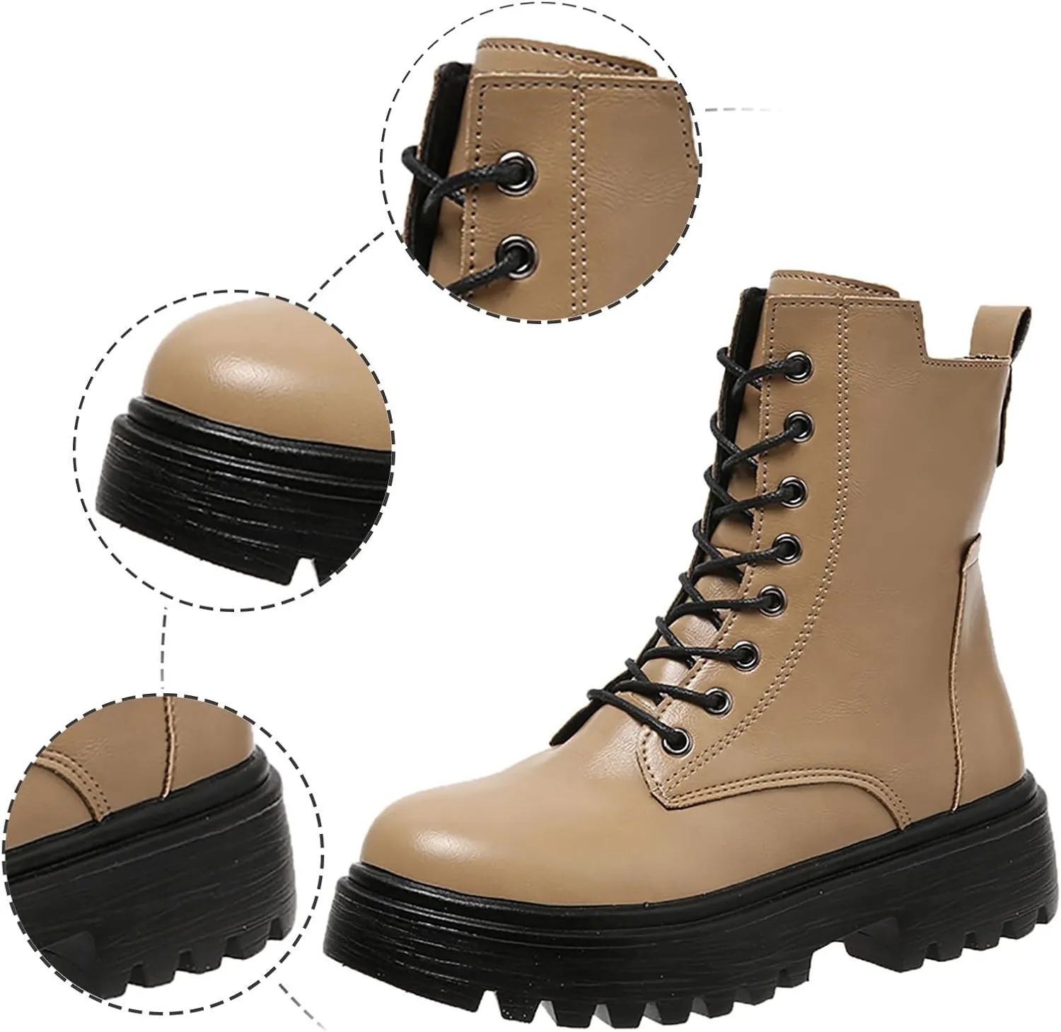 Women's Combat Boots Lug Sole Fashion Ankle Booties Military Motorcycle Riding Platform Boots Side Zipper Lace-up Shoe