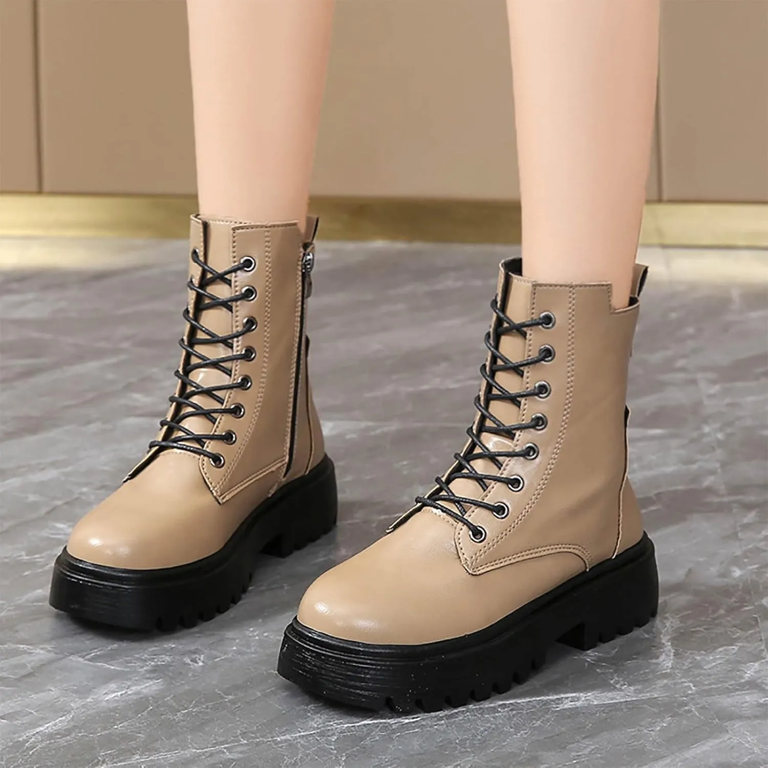 Women's Combat Boots Lug Sole Fashion Ankle Booties Military Motorcycle Riding Platform Boots Side Zipper Lace-up Shoe