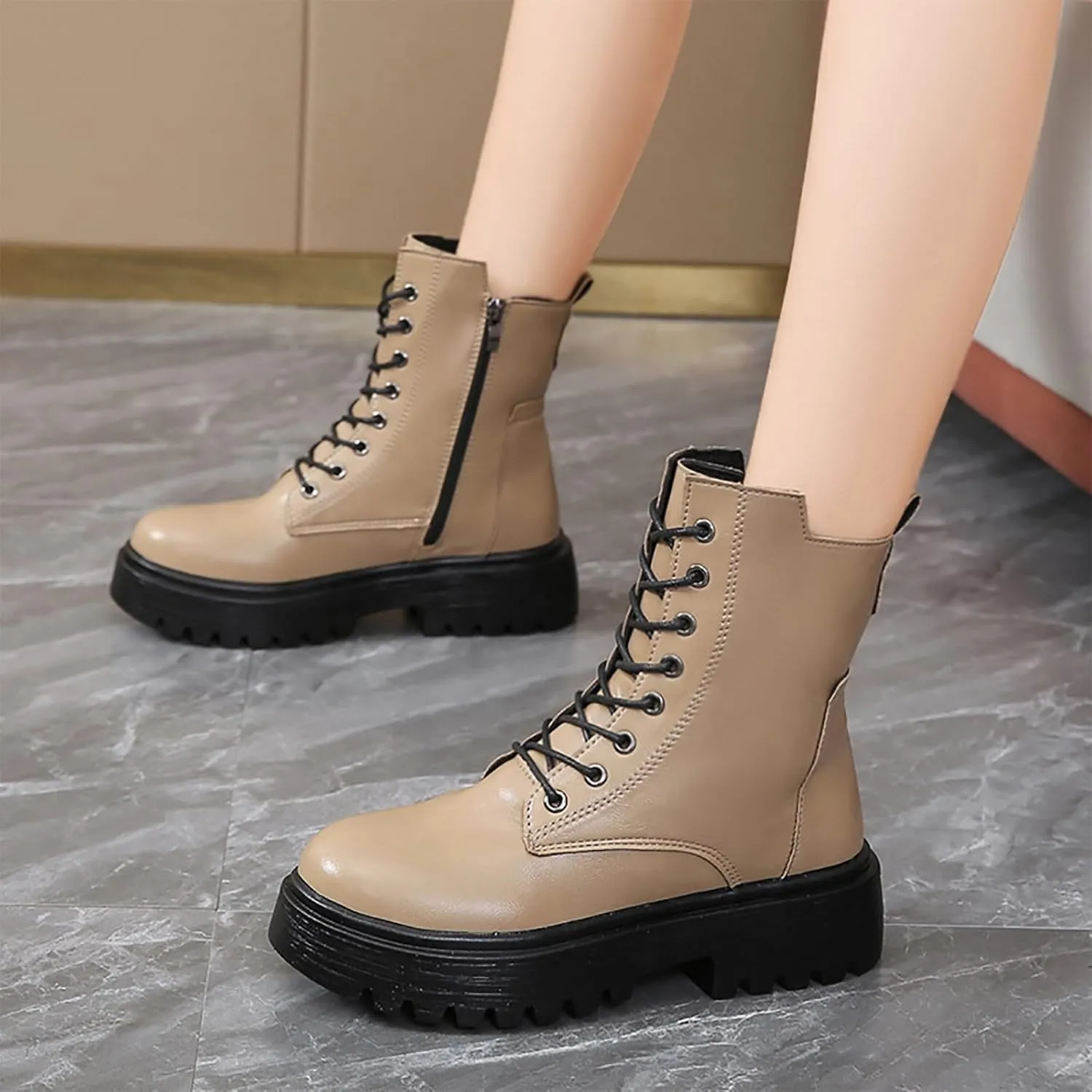Women's Combat Boots Lug Sole Fashion Ankle Booties Military Motorcycle Riding Platform Boots Side Zipper Lace-up Shoe